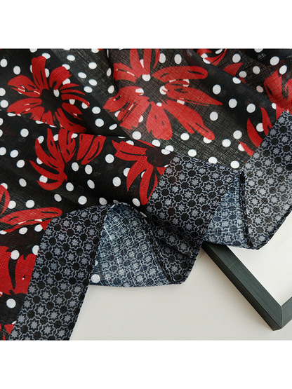 Close-up of the red floral print, white dots and gray geometric border