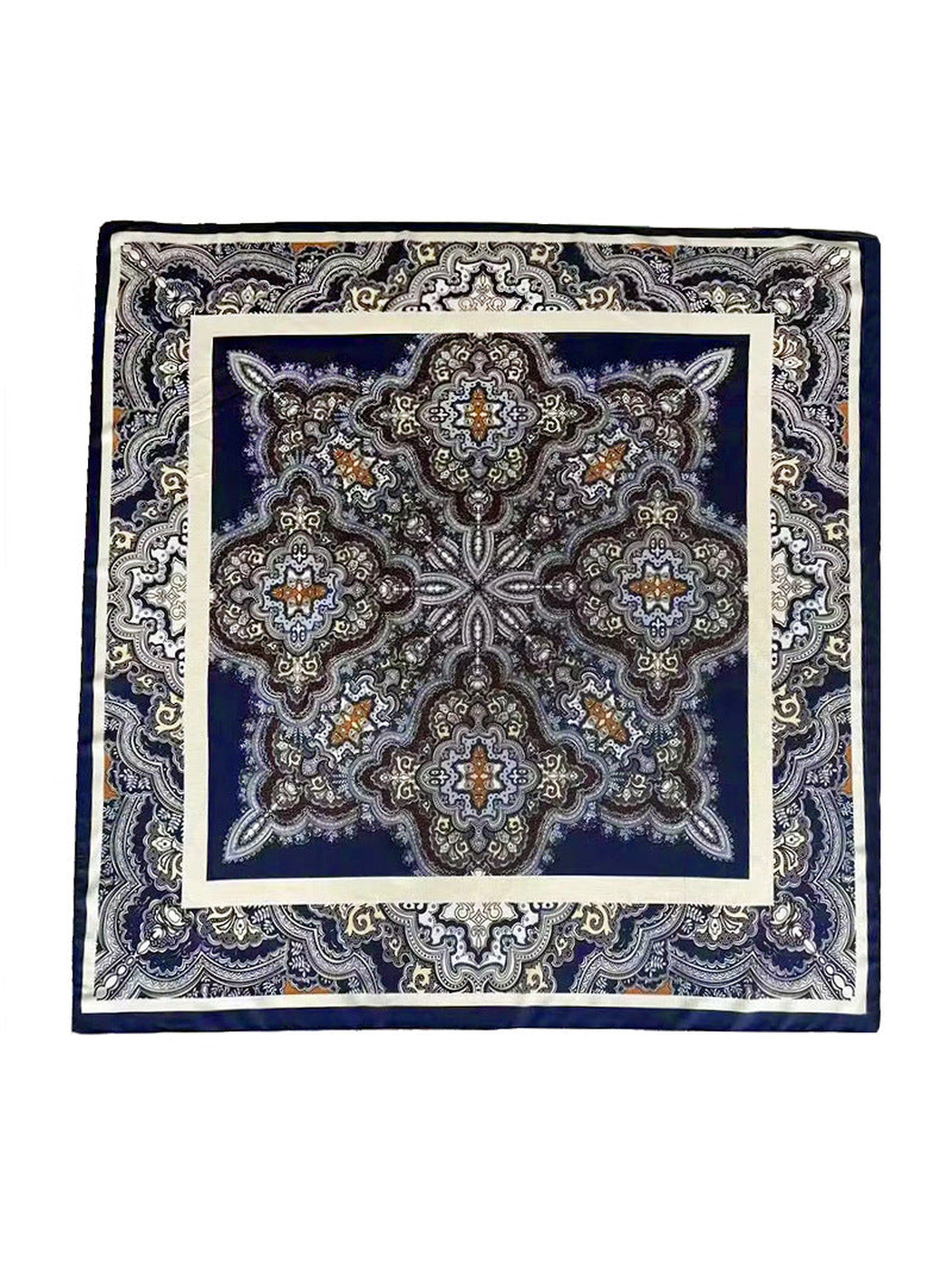 Square scarf with navy, ivory, gray and orange ornamental paisley pattern