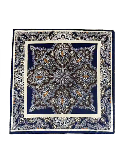 Square scarf with navy, ivory, gray and orange ornamental paisley pattern