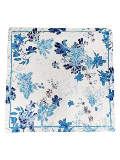 Blue and white square scarf with botanical floral print, flat view