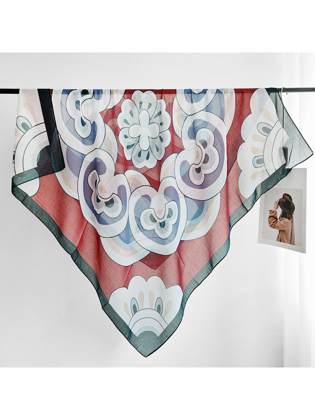 Burgundy patterned square scarf displayed in a full draped view