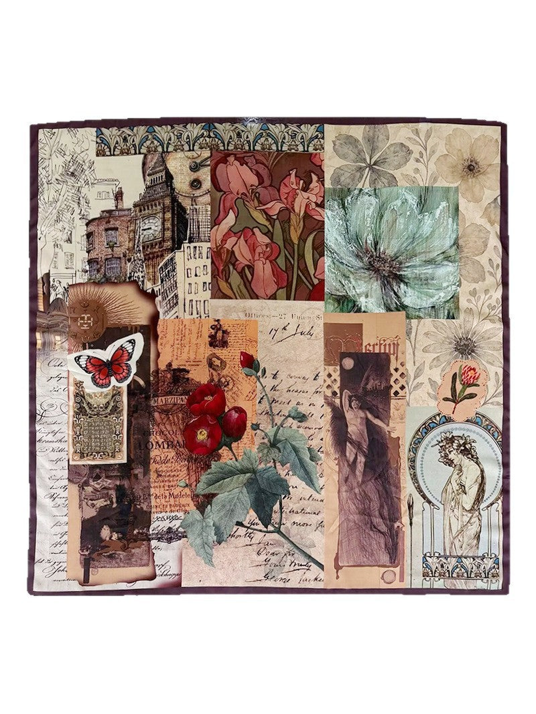 Multicolor square scarf with floral, butterfly and architectural collage print