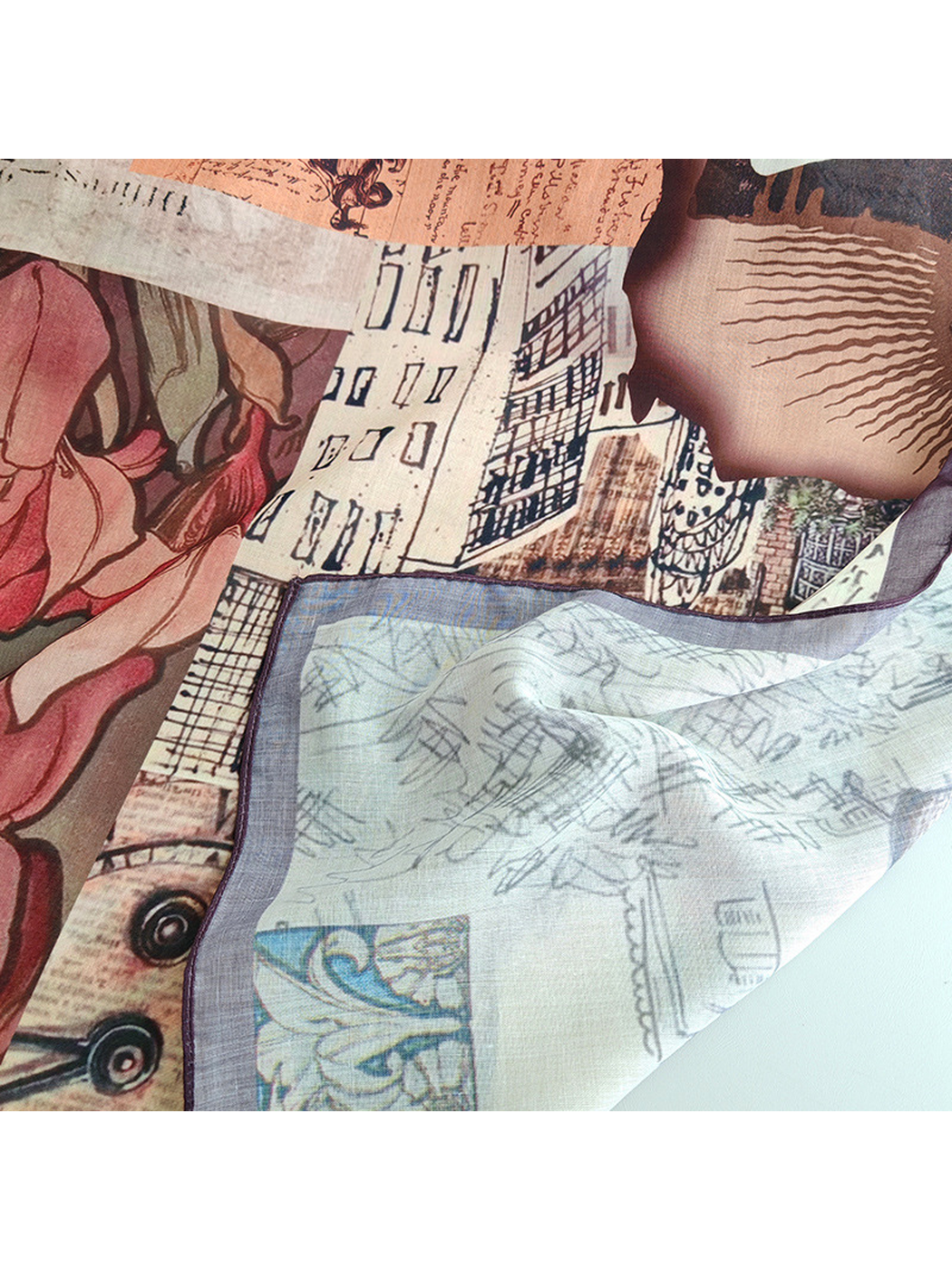Close-up of the scarf's semi-sheer printed surface