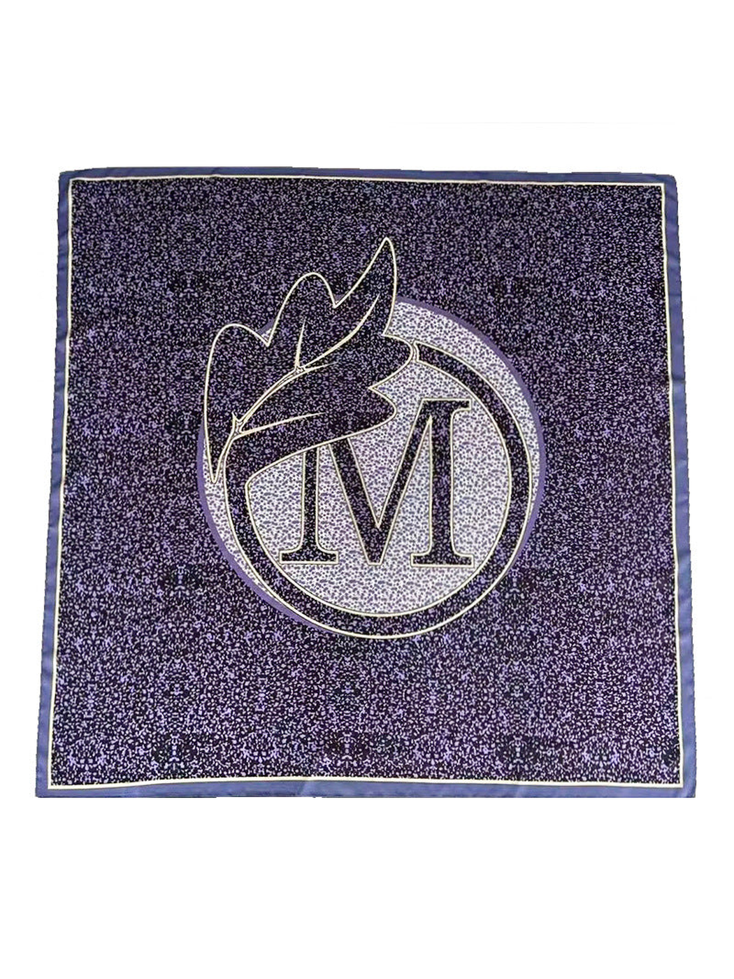 Purple and navy square scarf with abstract speckled print, full view