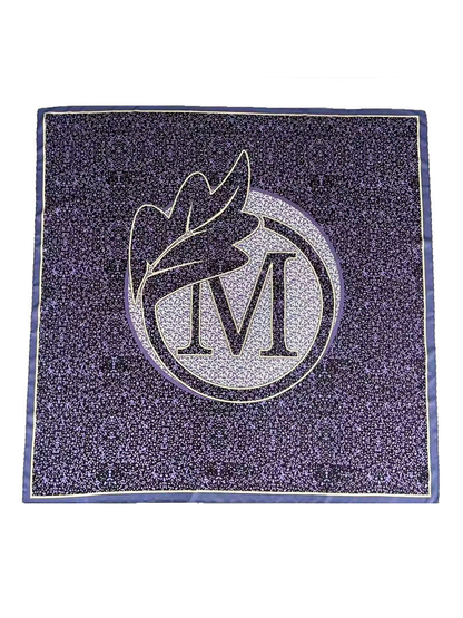 Purple and navy square scarf with abstract speckled print, full view