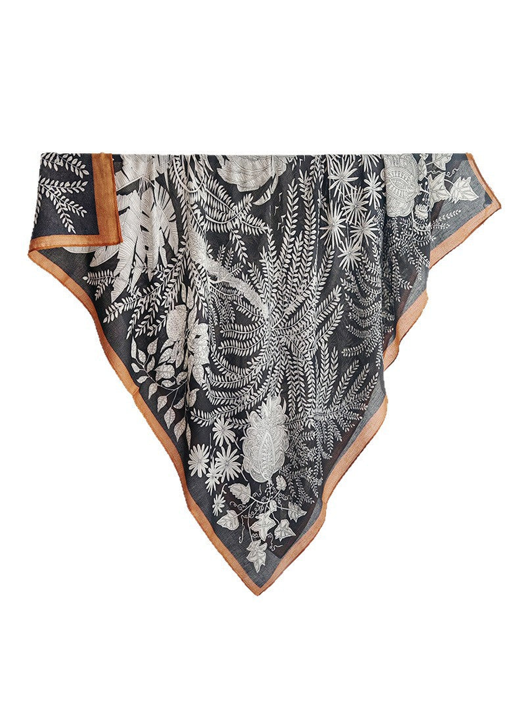 Black square scarf with white botanical print and orange border