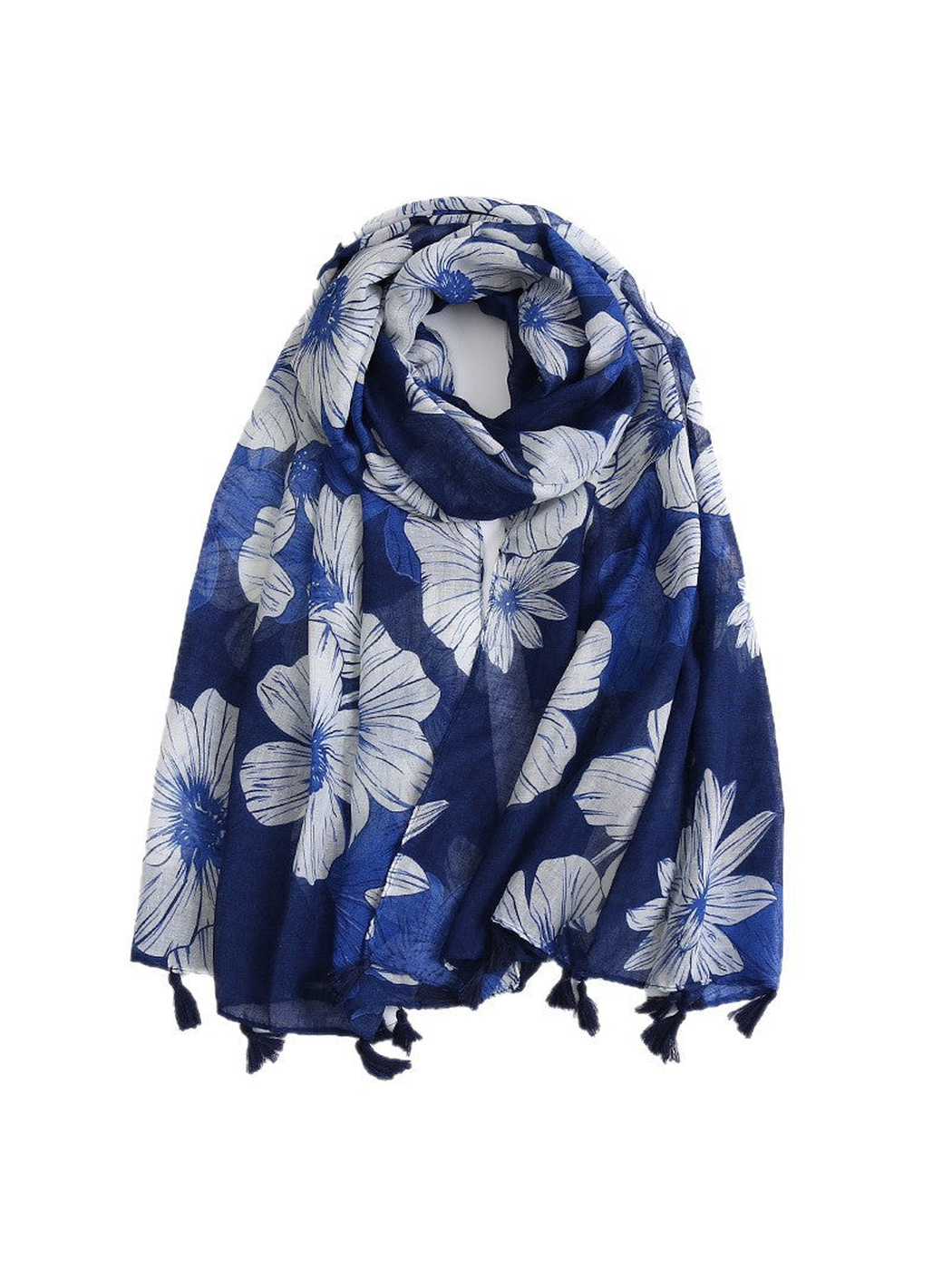 Navy scarf with oversized white floral print and tassel trim