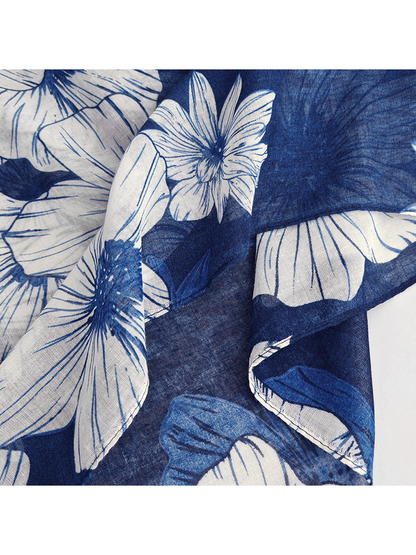 Close-up of the navy floral scarf's folded edge and print