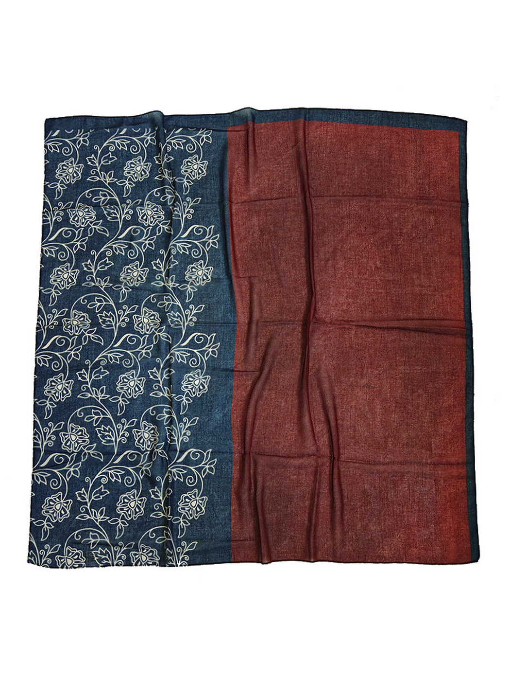 Square scarf with burgundy color block and navy floral vine pattern