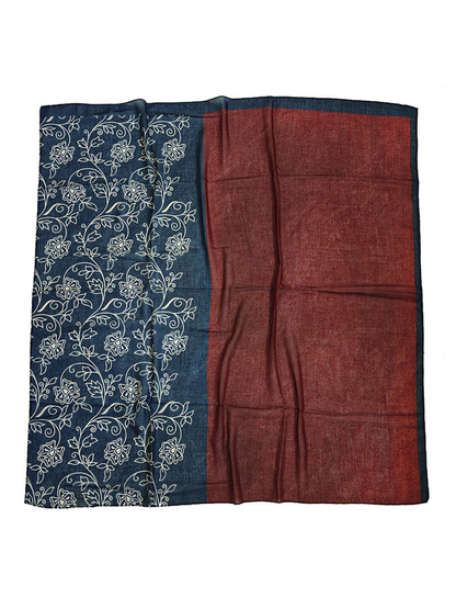 Square scarf with burgundy color block and navy floral vine pattern