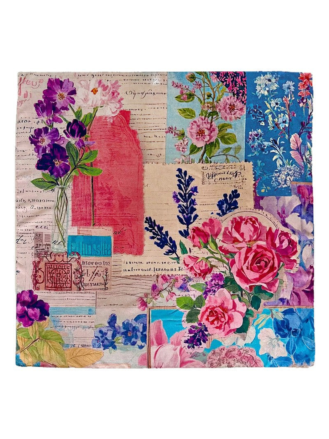 Multicolor square scarf with floral, script and color-block print