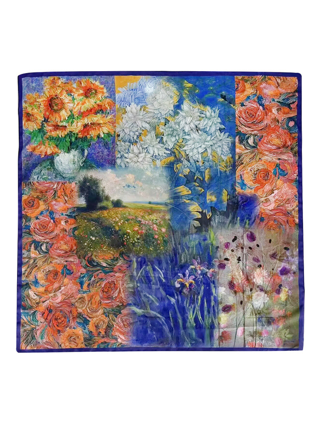 Multicolor square scarf with floral and landscape patchwork print