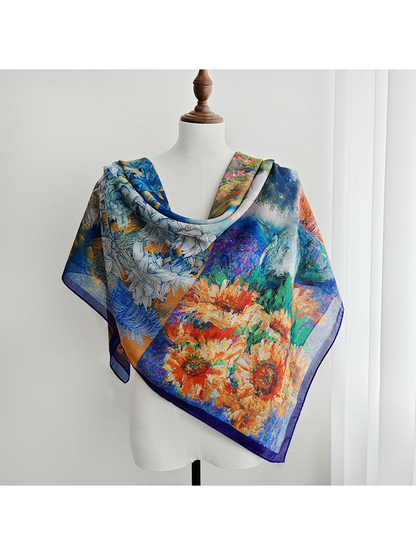 Multicolor floral square scarf draped over a dress form
