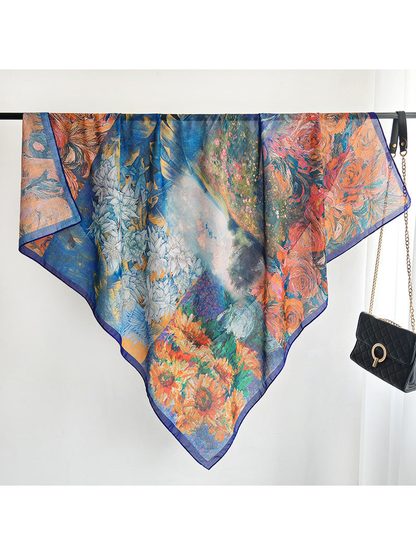 Multicolor floral square scarf draped across a display rail