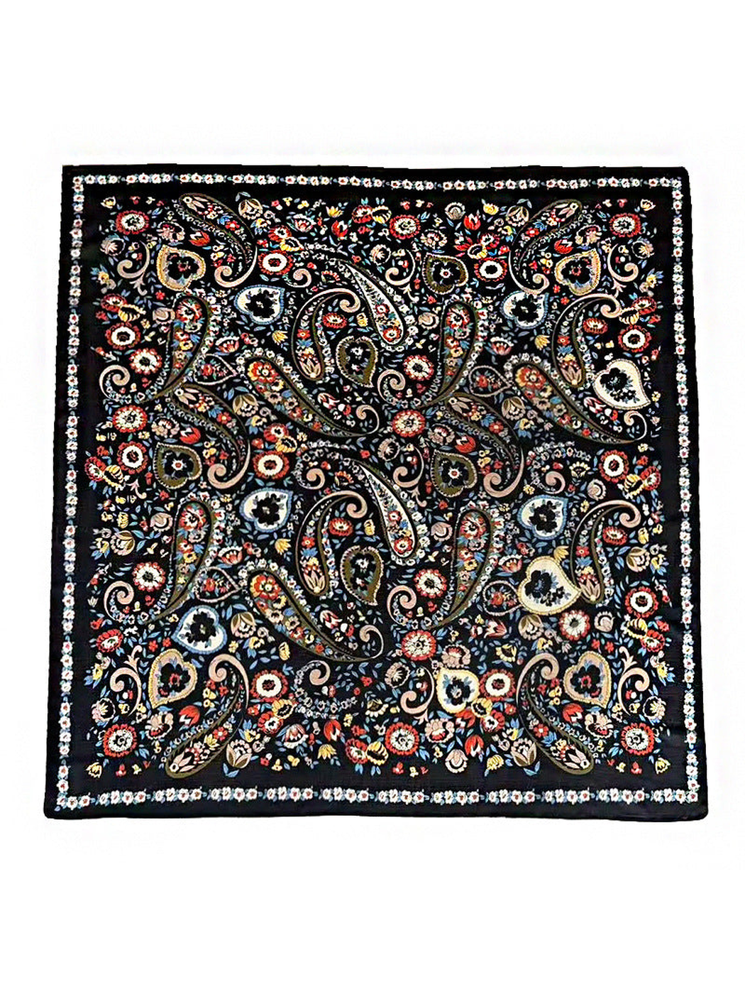 Black square scarf with multicolor paisley and floral print, full view