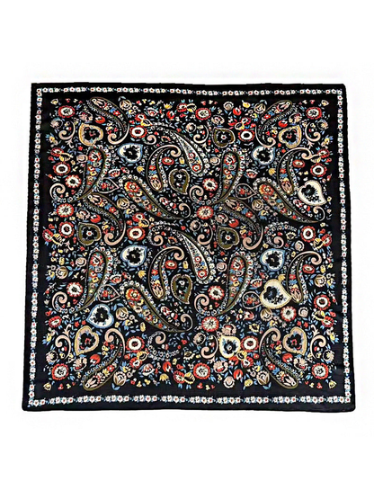 Black square scarf with multicolor paisley and floral print, full view
