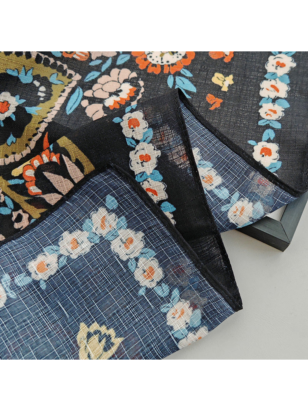 Close-up of the scarf border, reverse print and fine crosshatched texture