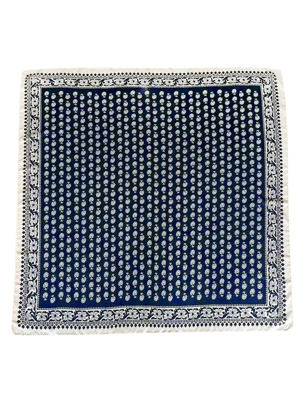 Navy and ivory square scarf with small floral motifs and ornamental border