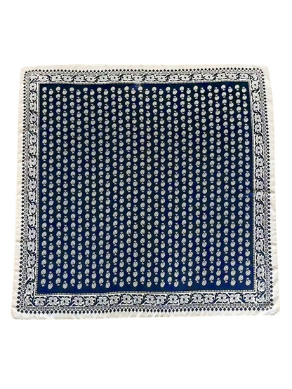 Navy and ivory square scarf with small floral motifs and ornamental border