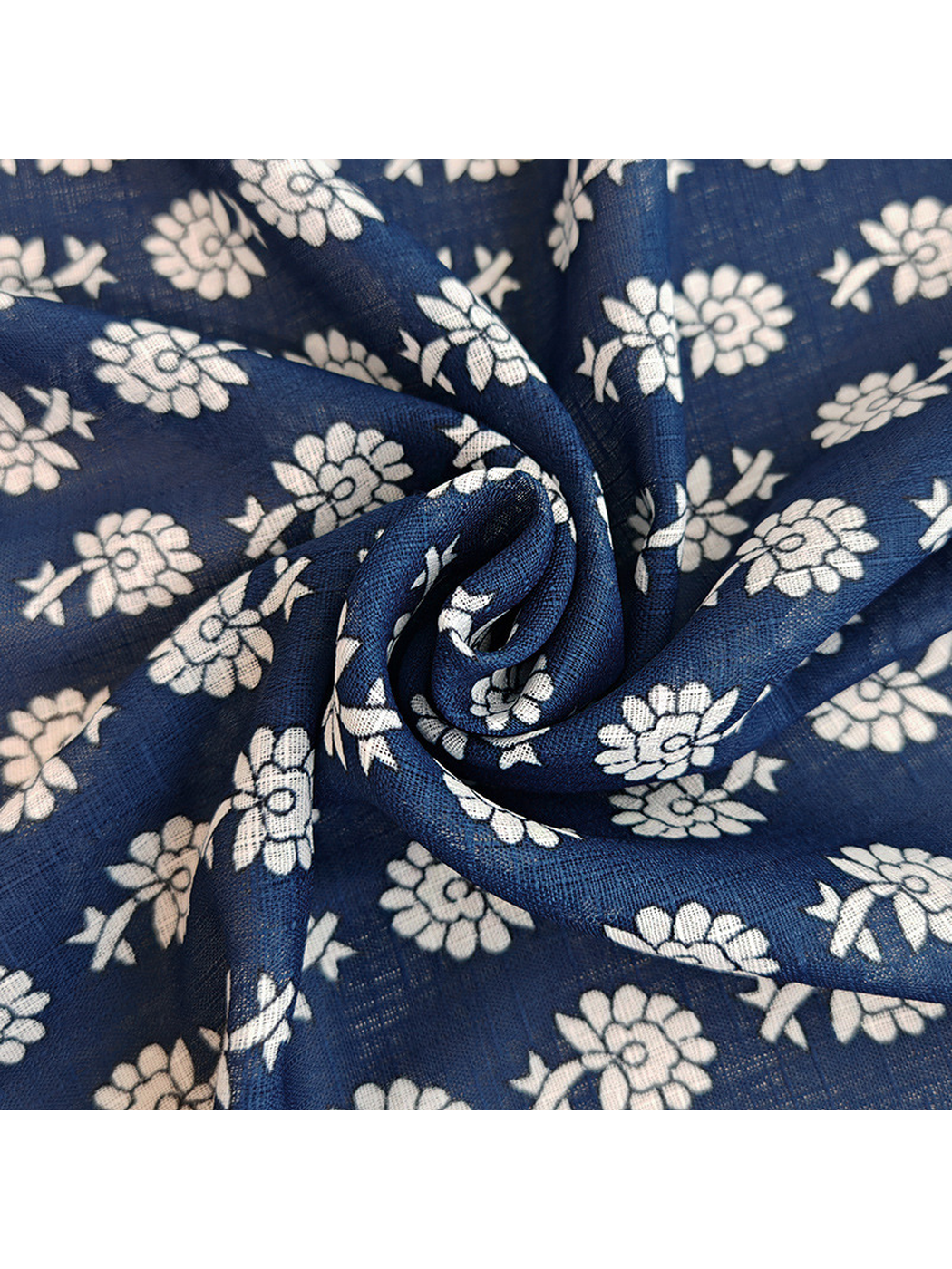 Close-up of the semi-sheer navy floral scarf gathered into soft folds