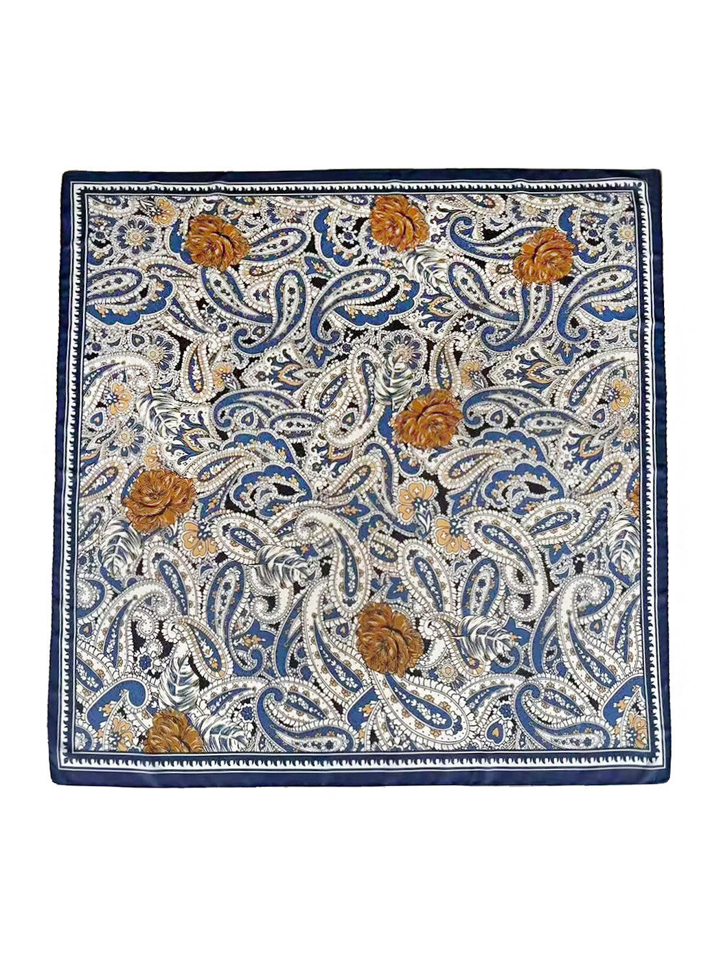 Blue, cream and brown paisley square scarf with dark blue border