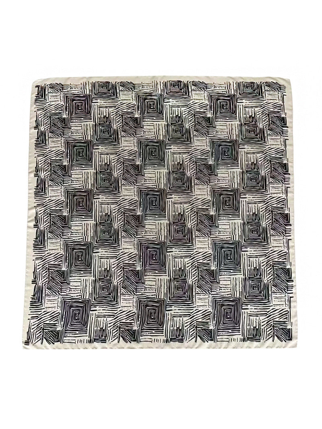 Black and beige abstract geometric square scarf, full view