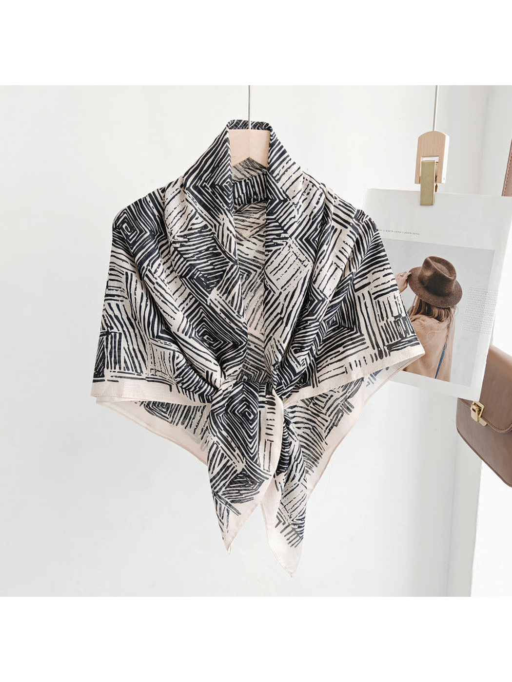 Black and beige geometric square scarf tied at the front