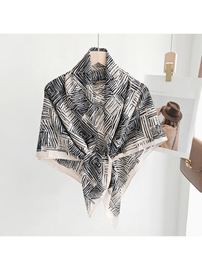 Black and beige geometric square scarf tied at the front