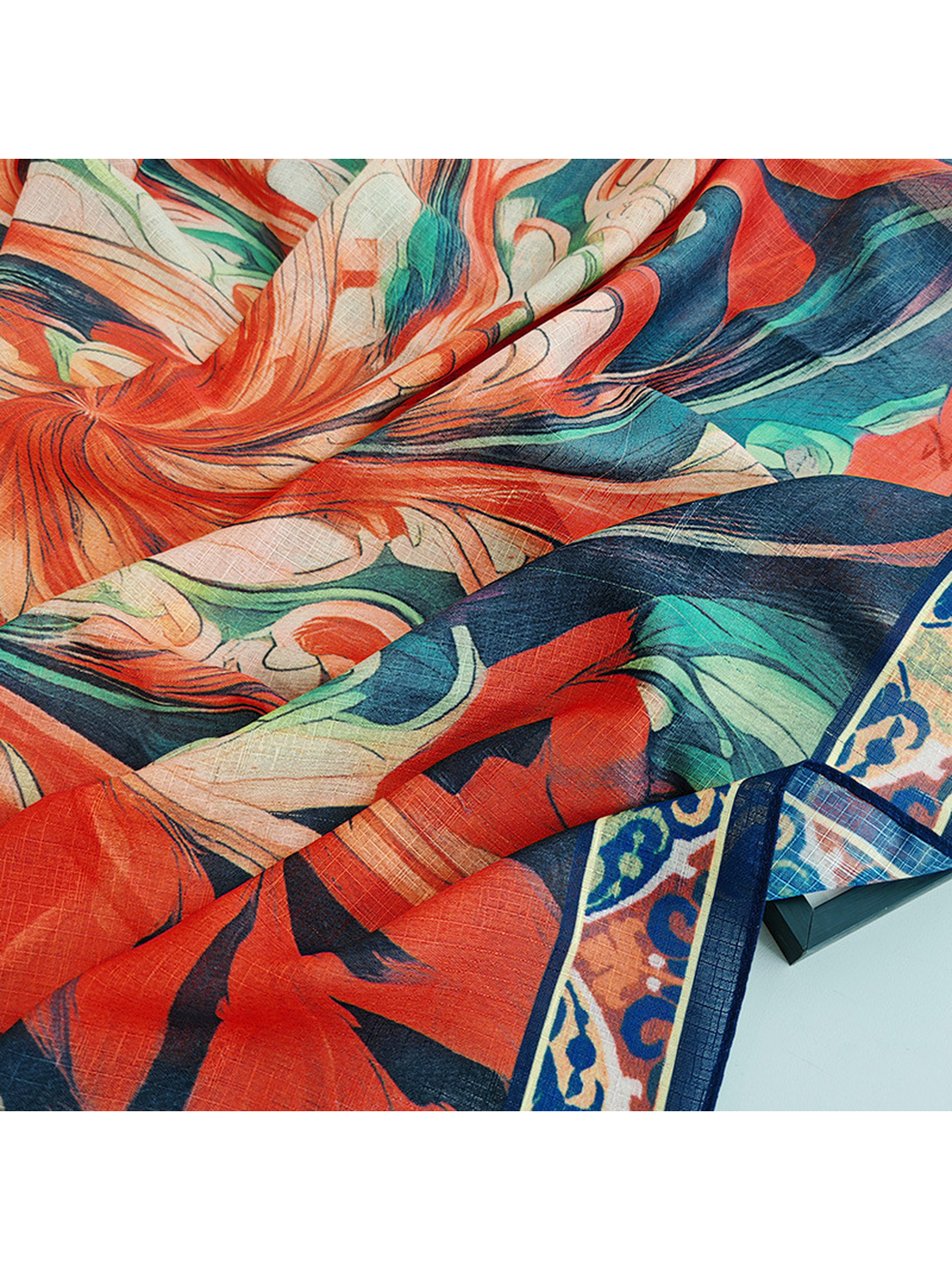 Close-up of the multicolor scarf pattern and fine crosshatch texture