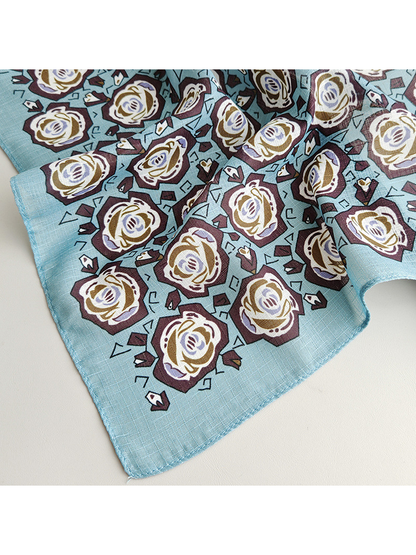 Close-up of the stylized rose print and light blue border