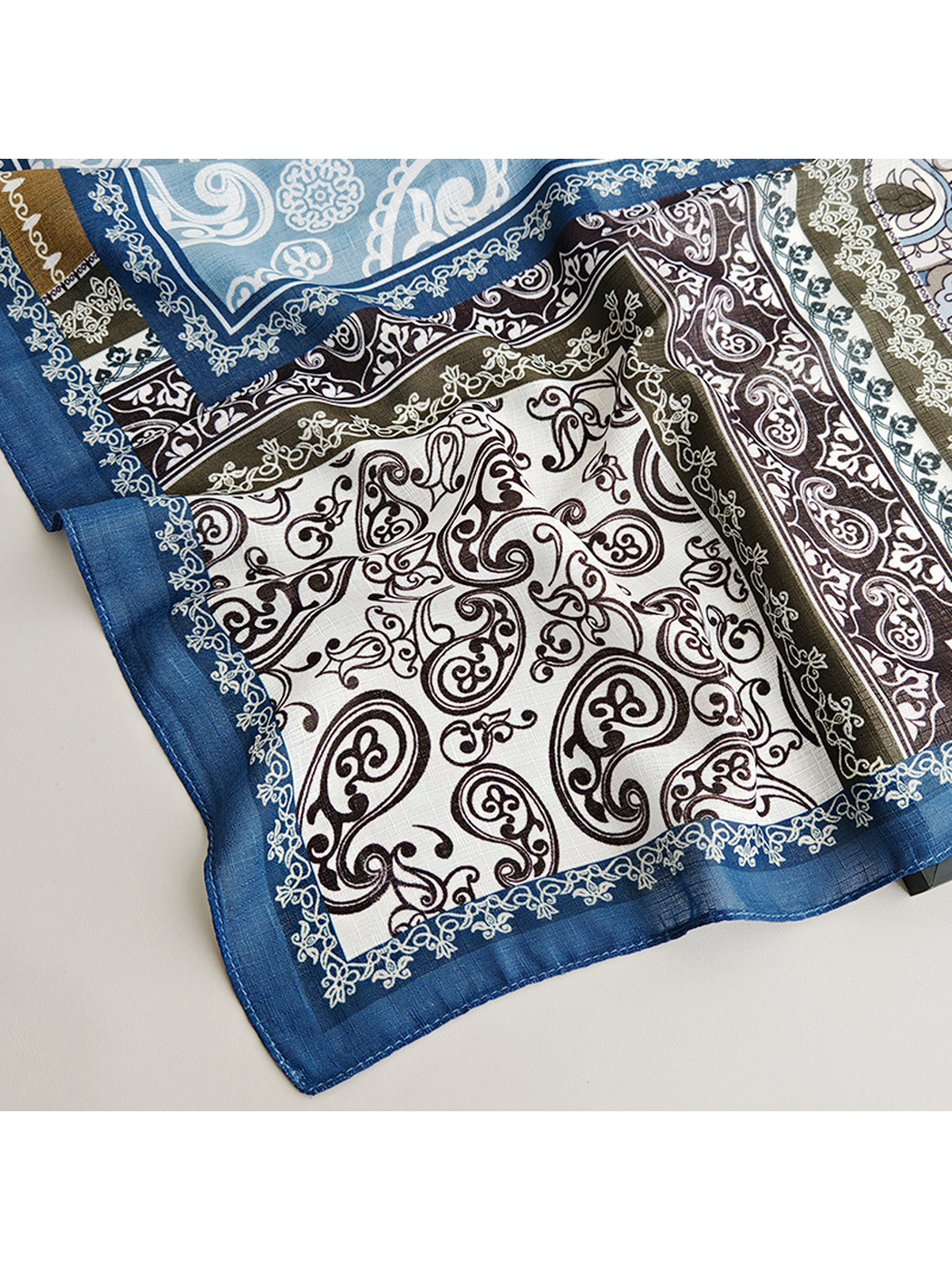 Close-up of the ornamental print and narrow blue stitched edge