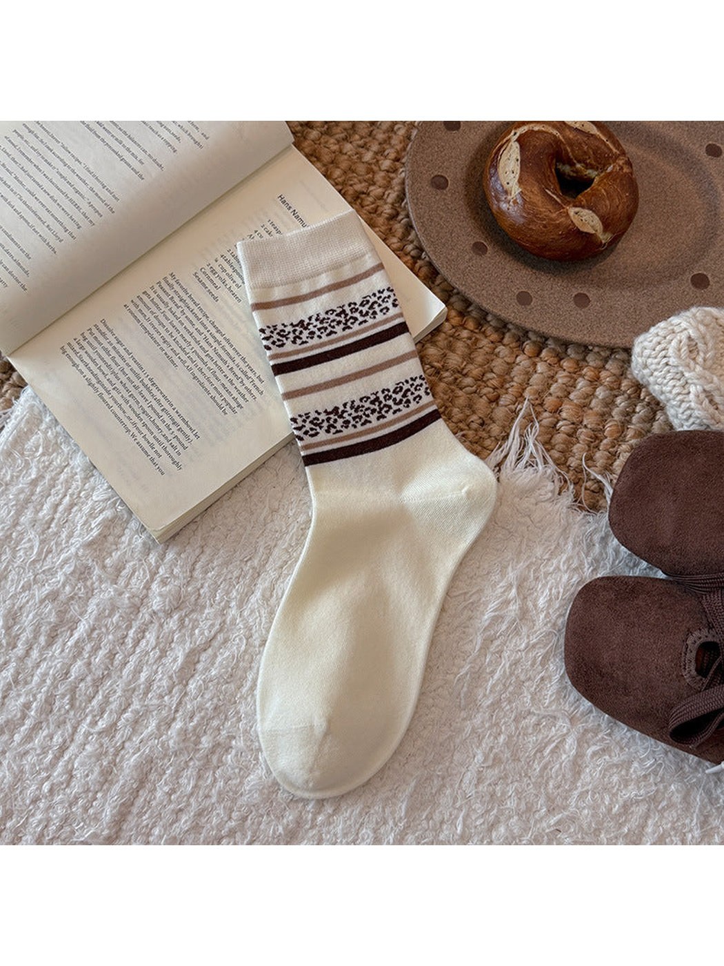 Ivory crew sock with brown stripes and leopard-pattern bands