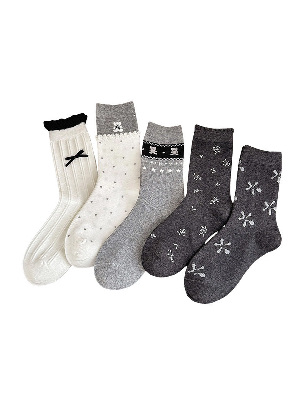 Five crew sock styles displayed together on a white background