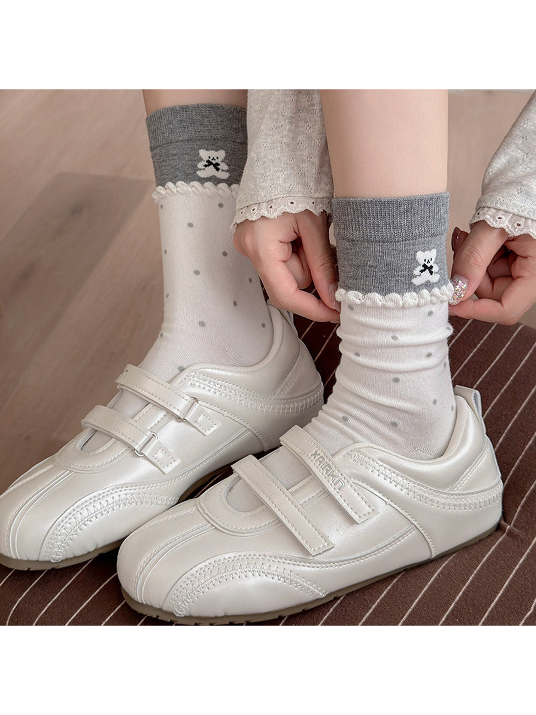 Dotted Bear crew socks styled with white sneakers