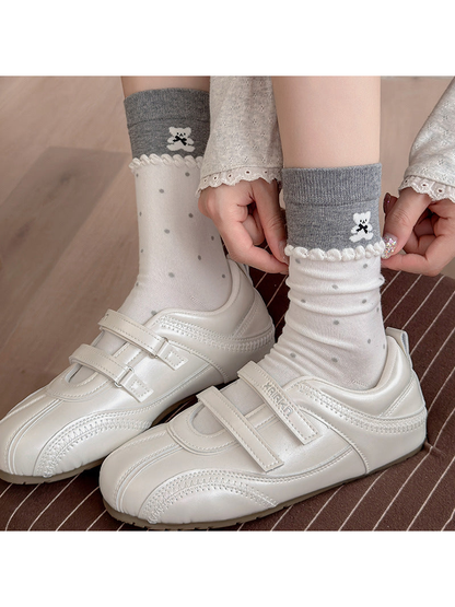 Dotted Bear crew socks styled with white sneakers