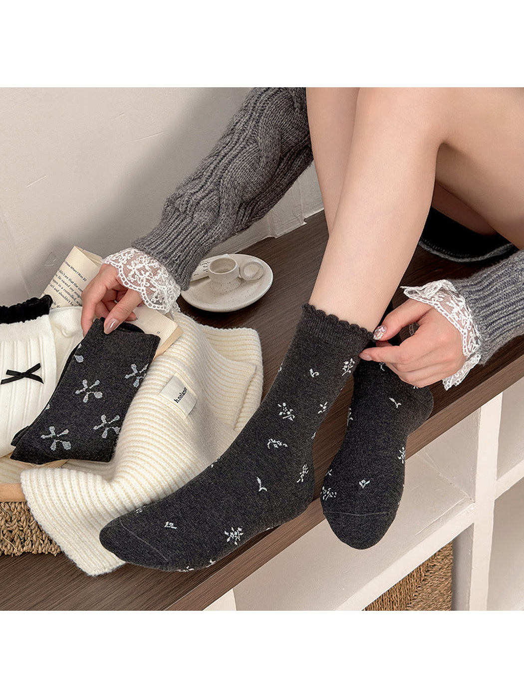 Dark gray Floral crew socks styled with black shoes