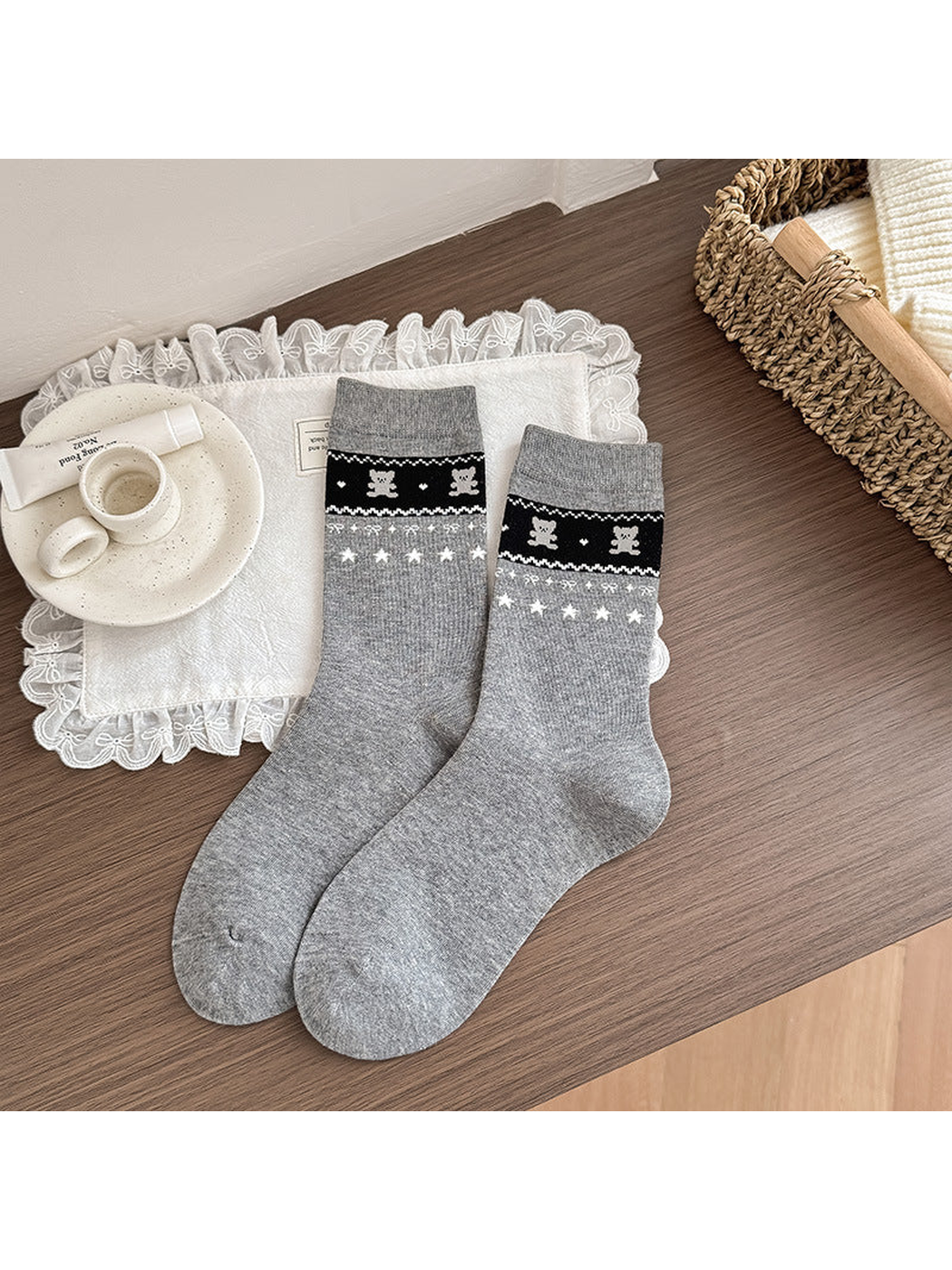 Star Bear gray crew socks with black patterned bands
