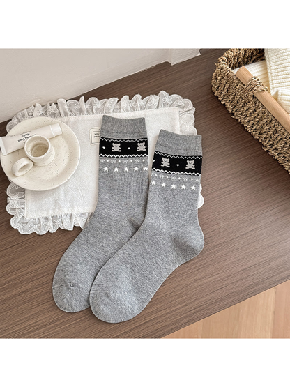 Star Bear gray crew socks with black patterned bands