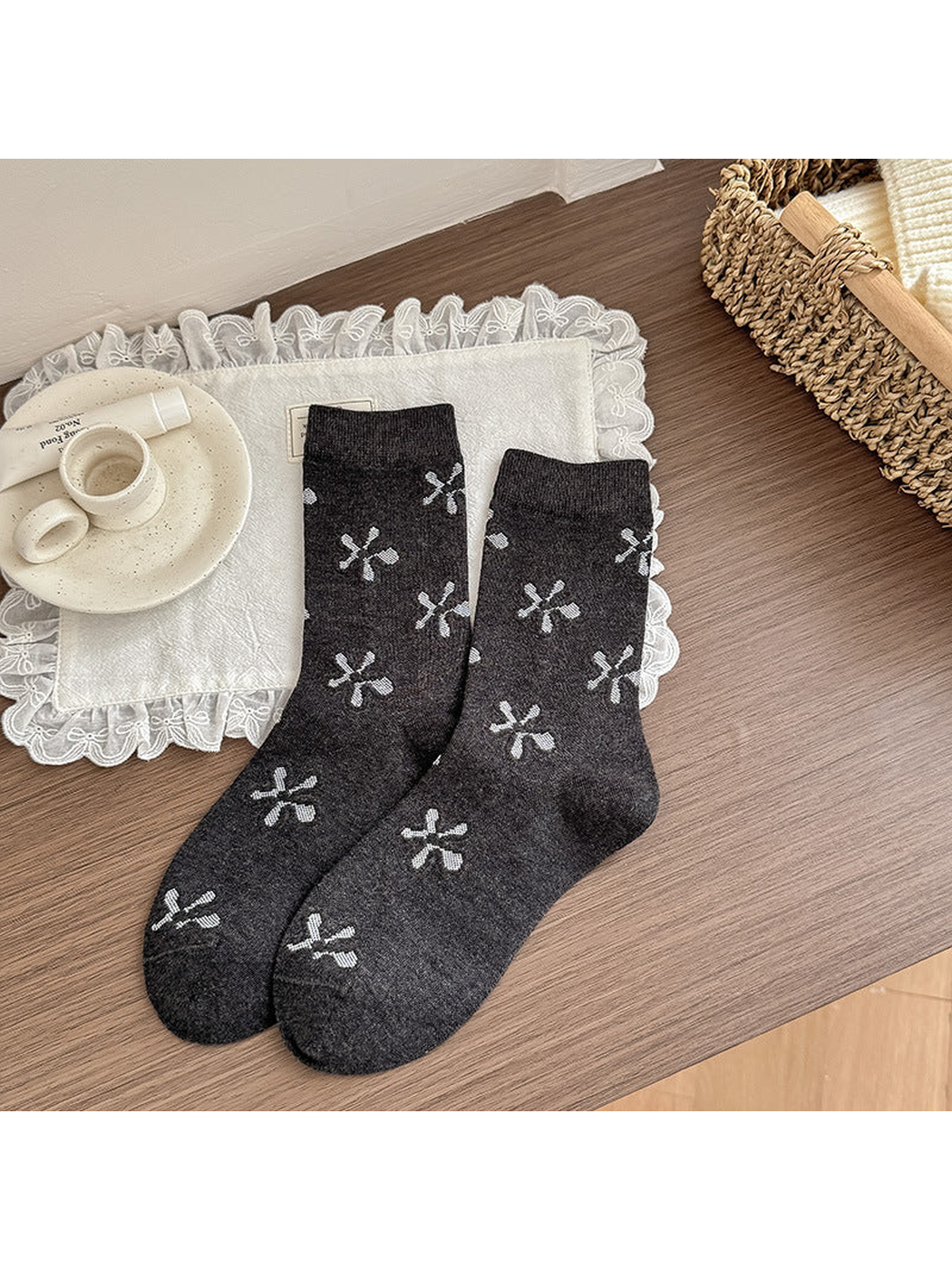 Stars dark gray crew socks with large white star motifs