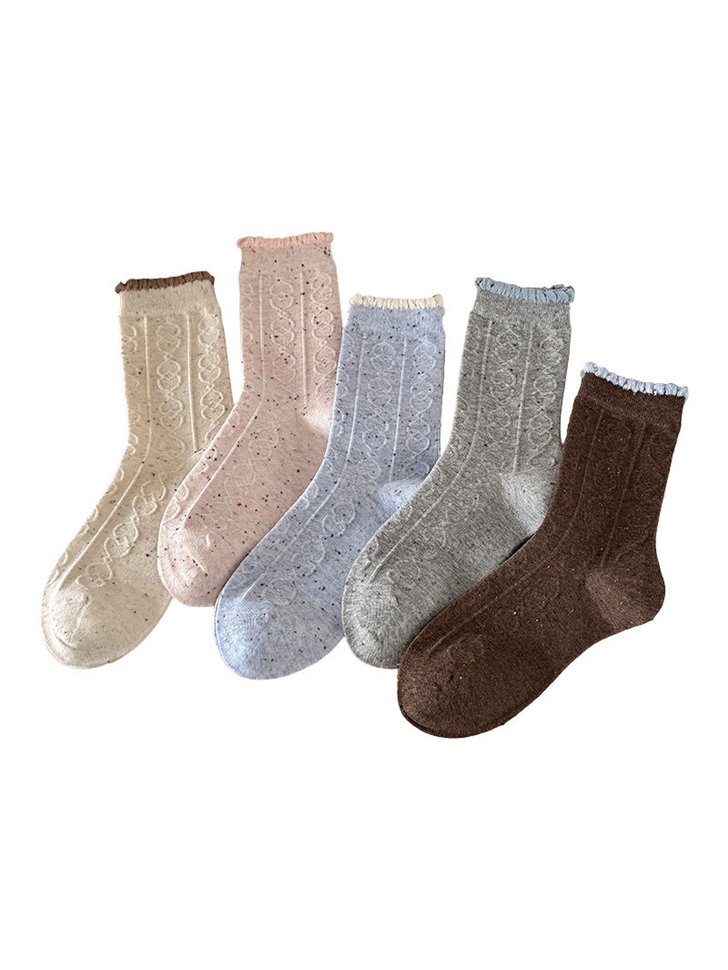 Ivory, Light Pink, Light Blue, Gray and Dark Brown cable-pattern crew socks
