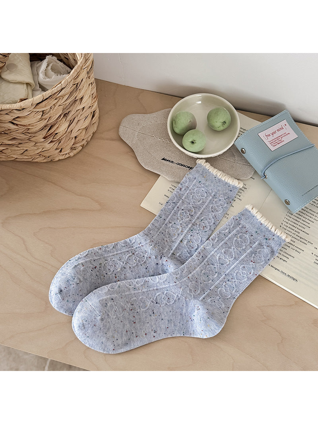 Light Blue flecked crew socks with raised cable pattern and ivory scalloped cuffs