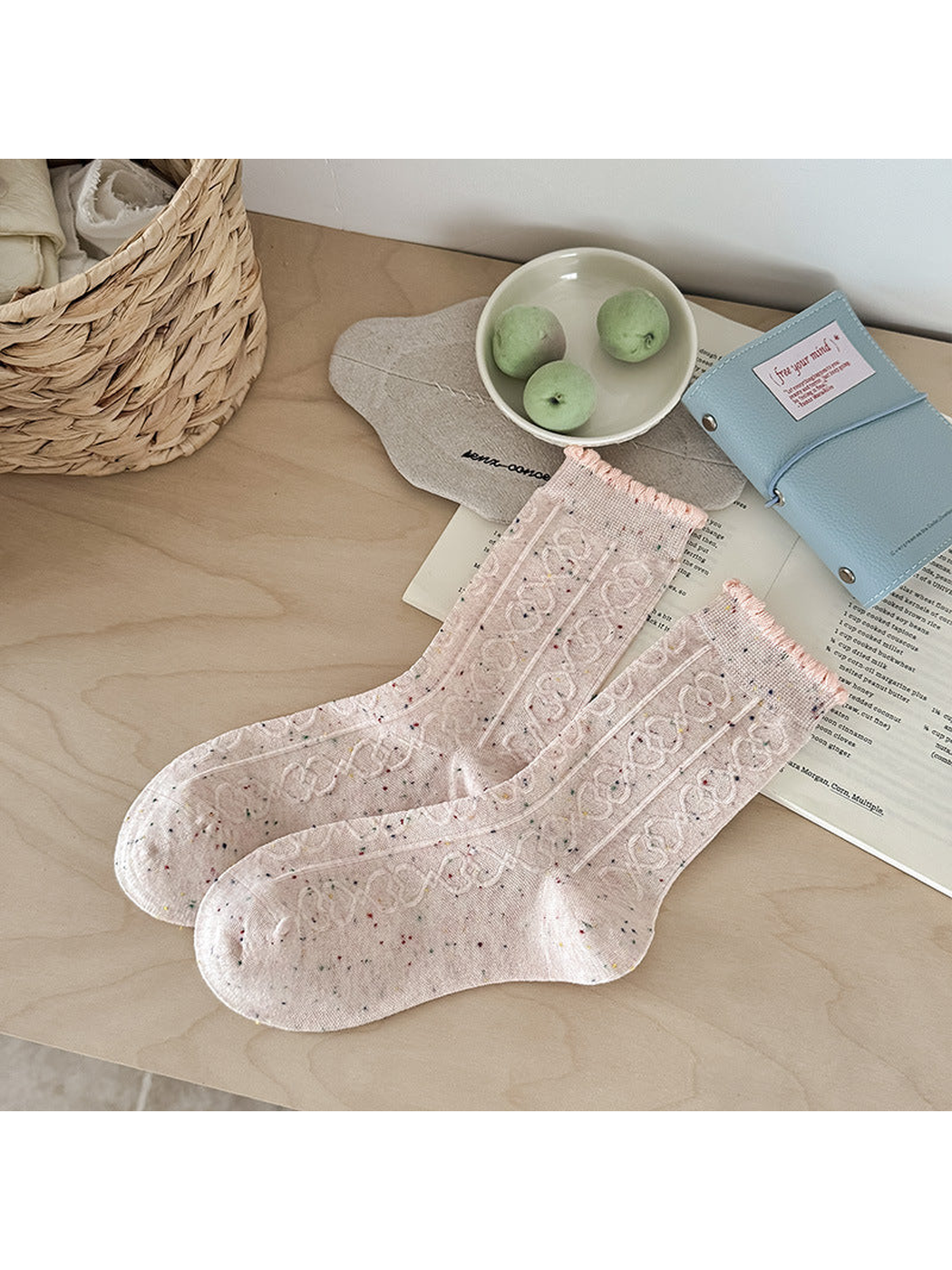 Light Pink flecked crew socks with raised cable pattern and scalloped cuffs