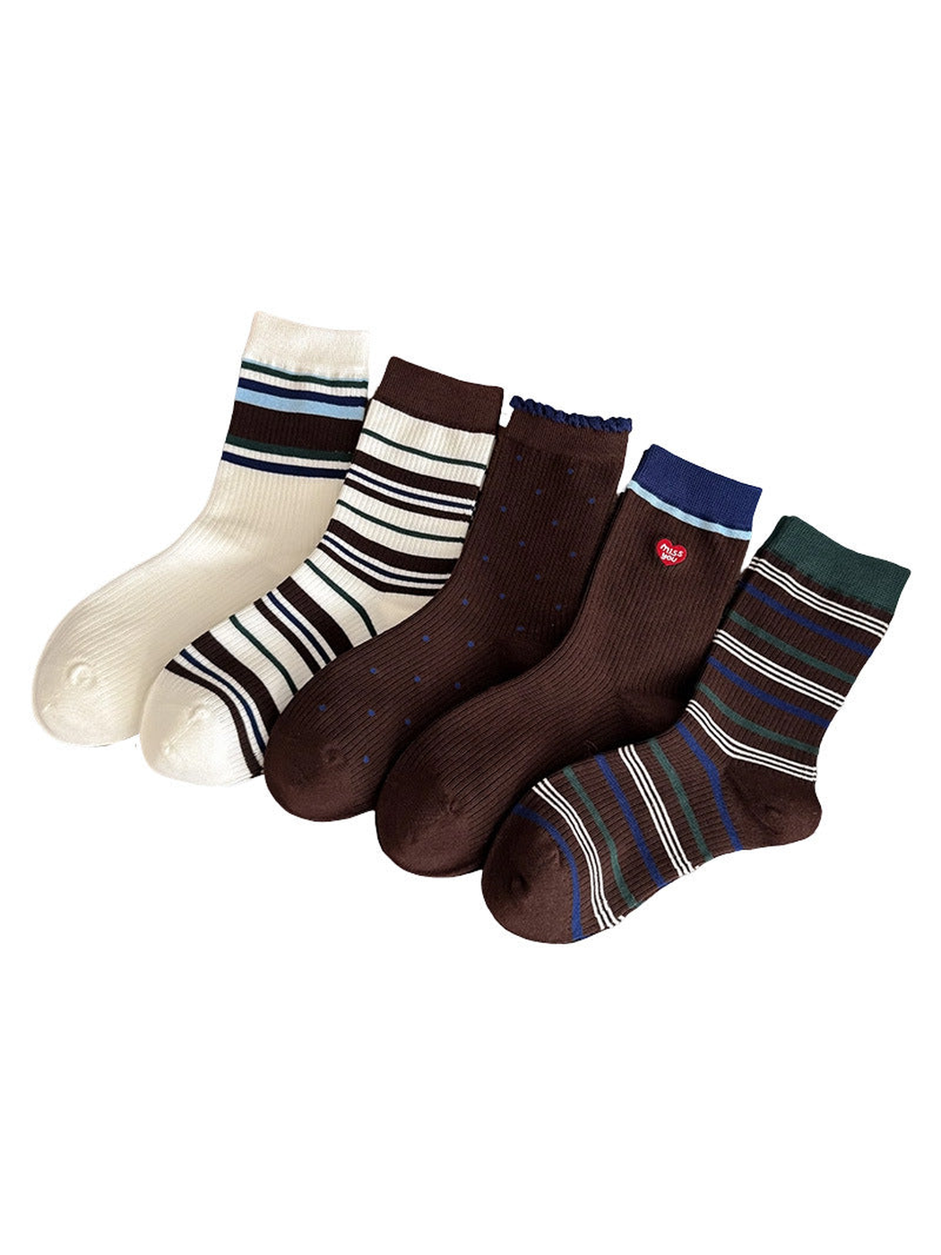 Five crew sock styles in brown, ivory, blue and green displayed together