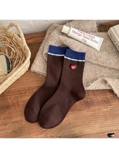 Brown Heart ribbed crew socks with blue cuff trim