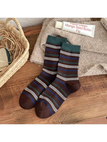 Brown Stripes crew socks with blue, green and ivory bands