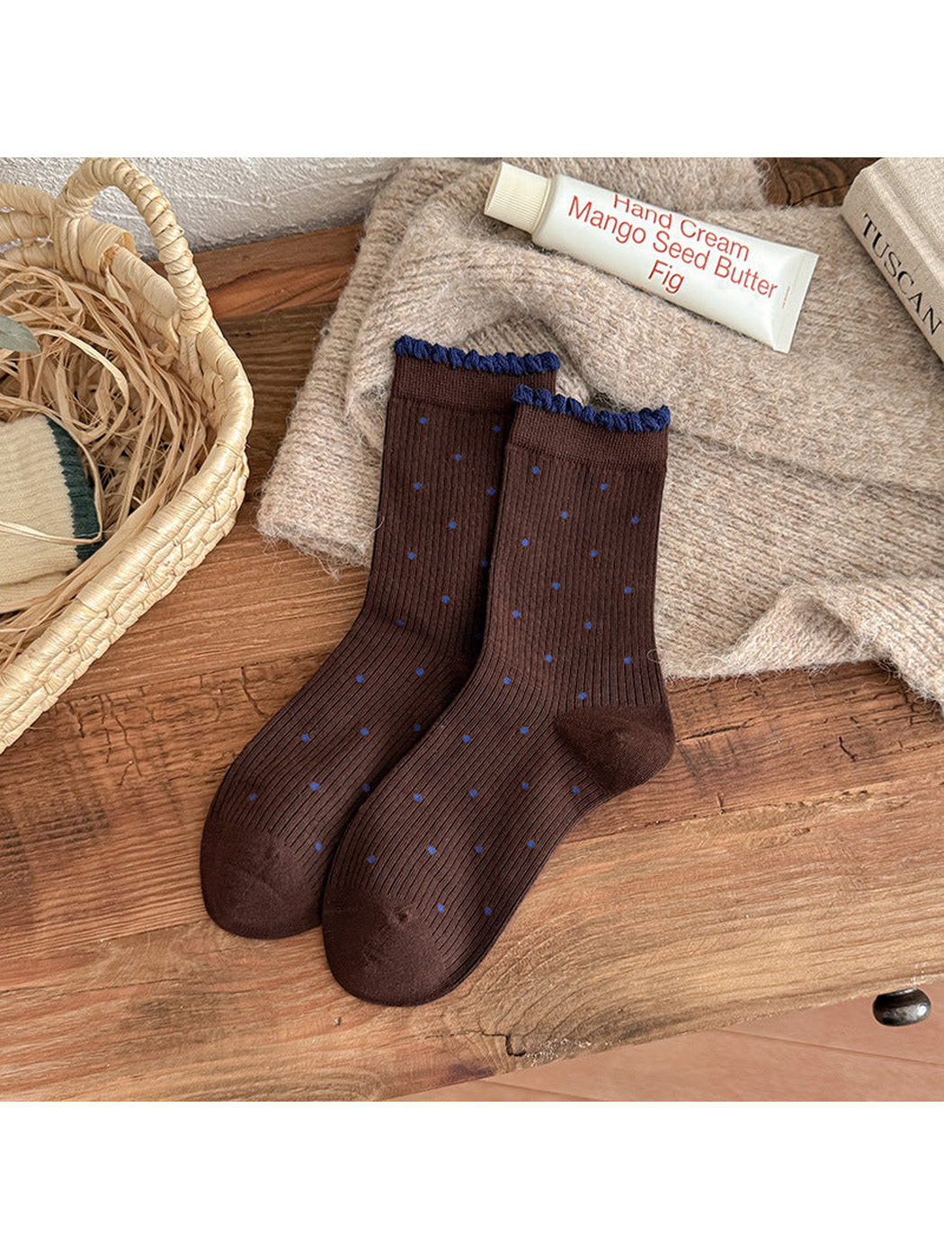 Brown Dots ribbed crew socks with blue ruffled cuffs