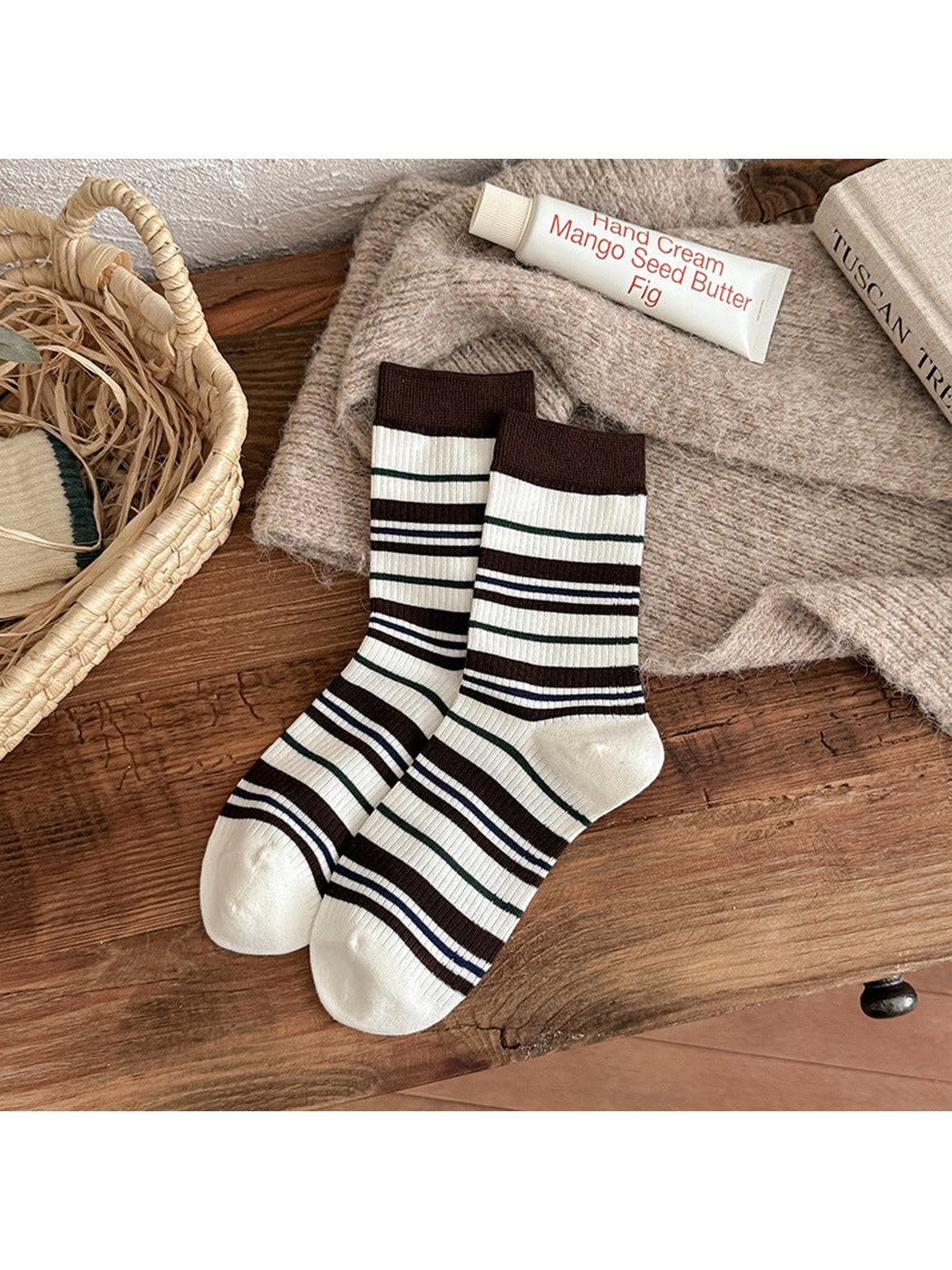 Ivory Stripes crew socks with narrow brown, blue and green bands