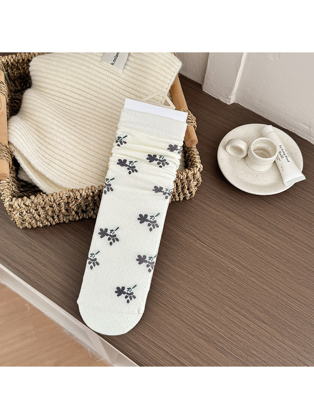 Ivory Floral crew sock with gray sprigs and green accents