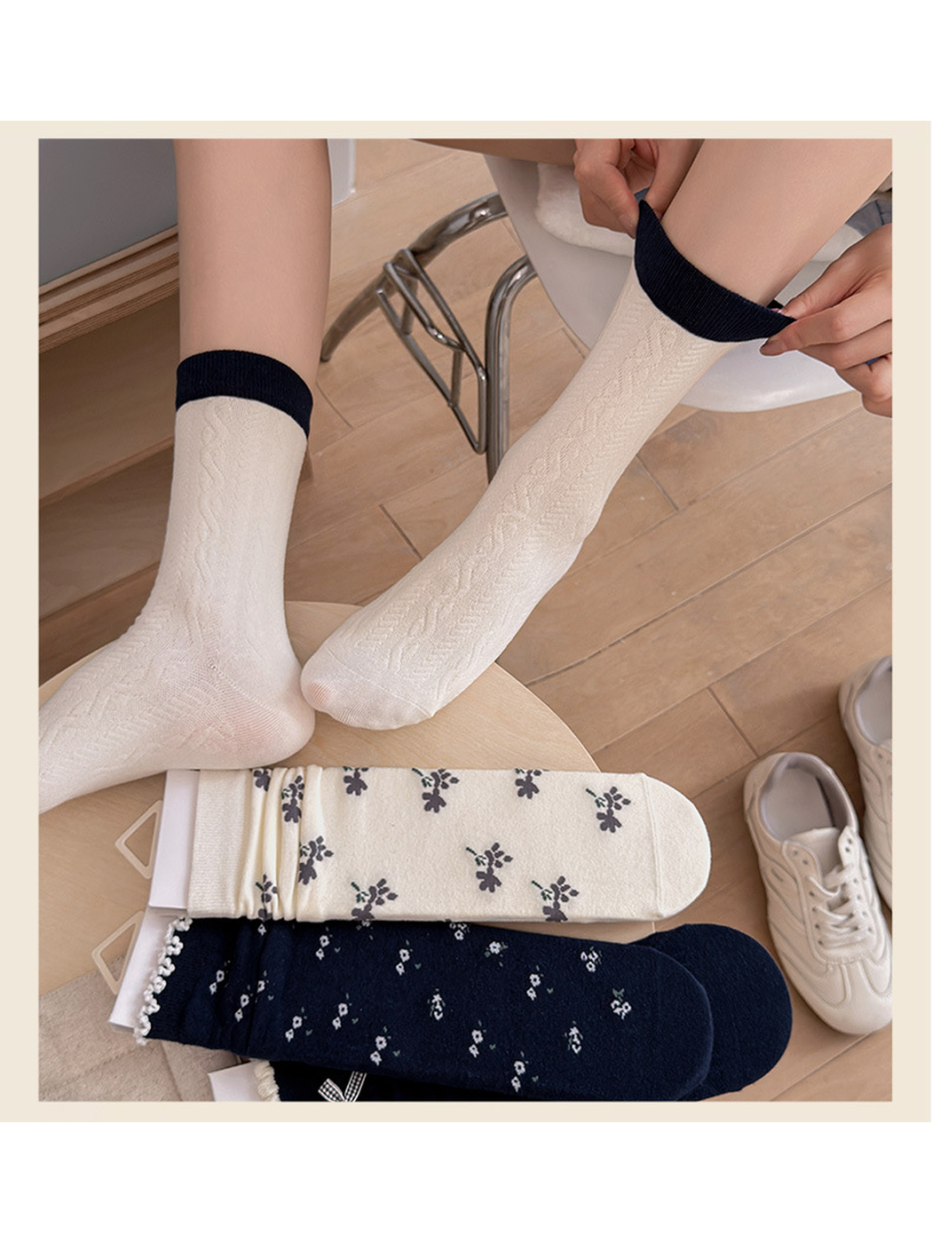 Contrast Cuff socks worn beside floral and navy sock styles