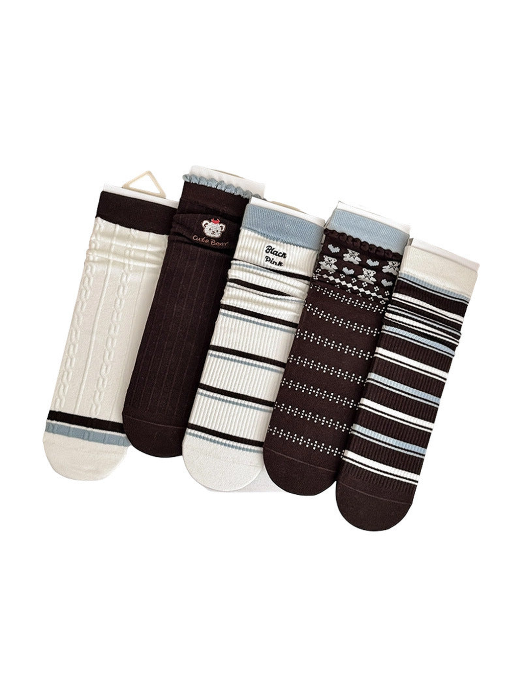 Five crew sock styles displayed together on a white background